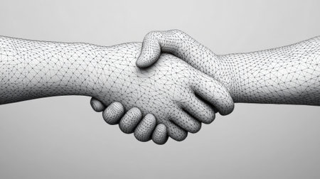 Two hands shaking each other in a wireframe, AIの素材