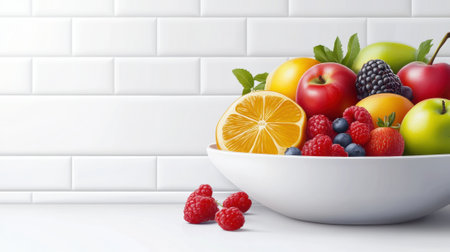 A bowl of fruit is sitting on a white table, AIの素材