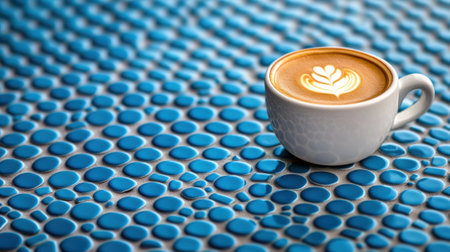 A cup of coffee on a blue tile background with leaves, AIの素材