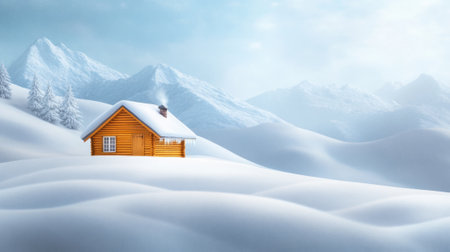 A small cabin in the snow with mountains behind it, AIの素材