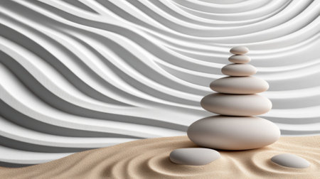 A stack of stones on a sand dune with waves in the background, AIの素材