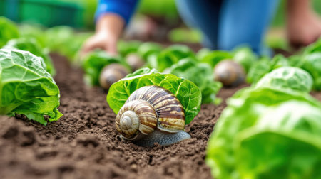 A snail crawling through a field of lettuce plants, AIの素材