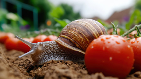 A snail crawling on the ground next to a bunch of tomatoes, AIの素材