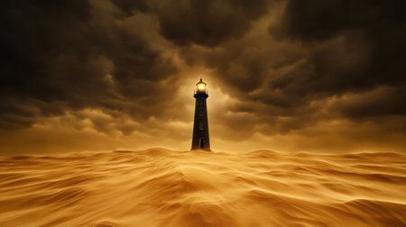 A lighthouse in the middle of a sandstorm with light shining through, AIの素材