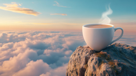A cup of coffee on a rock with clouds in the background, AIの素材