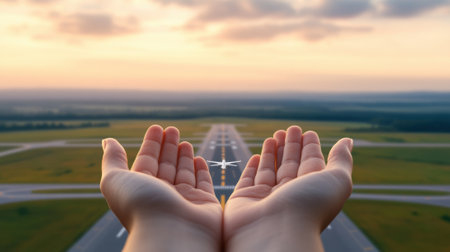 A persons hands are open with an airplane in the middle, AIの素材