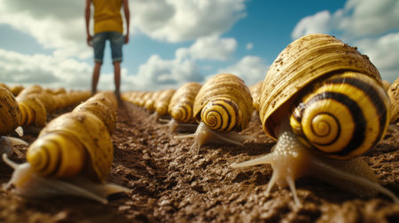 A man standing in a field with many snails crawling around, AIの素材