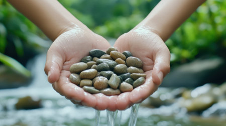 A person holding a handful of rocks in their hands, AIの素材