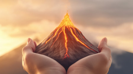 A person holding a hand over an erupting volcano, AIの素材