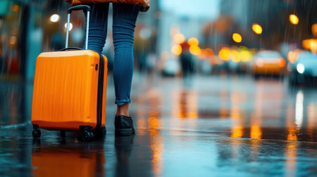 A woman with orange suitcase walking down a city street, AIの素材