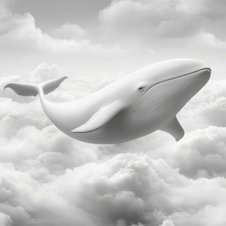 A whale is flying through the clouds in a black and white photo, AIの素材