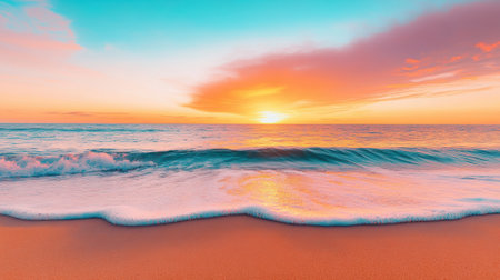 A sunset over the ocean with a wave crashing on shore, AIの素材