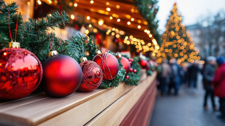 A row of christmas decorations on a wooden bench in front of the tree, AIの素材