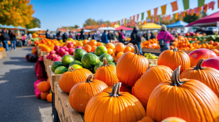 A large number of pumpkins and other fruits are on display, AIの素材