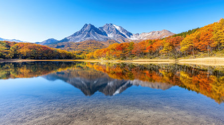 A mountain range with a lake in the middle of it, AIの素材