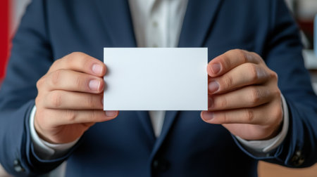 A man in a suit holding up an empty white card, AIの素材