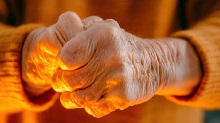 An older persons hands are glowing with orange light, AIの素材