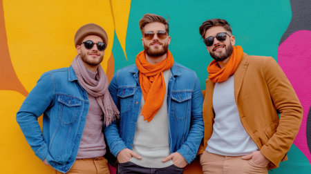 Three men wearing orange scarves and jackets standing next to a colorful wall, AIの素材