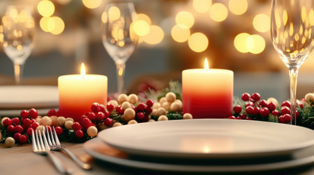 A table setting with candles and a plate of food, AIの素材