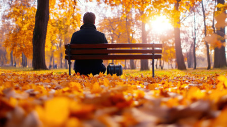 A man sitting on a bench in the park with leaves all around him, AIの素材