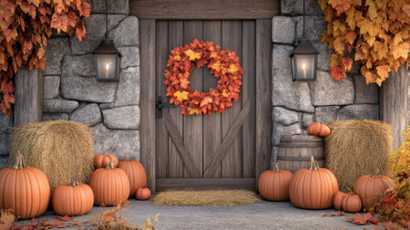 A wooden door with pumpkins and hay bales in front of it, AIの素材