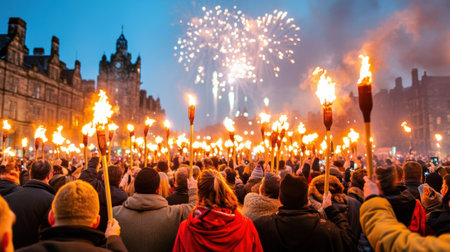 A large group of people holding torches and fireworks in the air, AIの素材