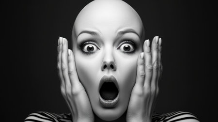 A woman with a bald head and striped shirt covering her face, AIの素材