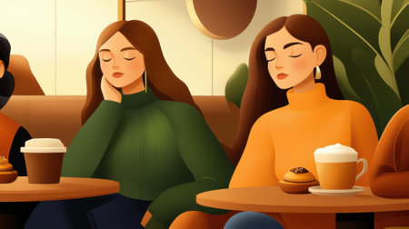 Three women sitting at a table with coffee and pastries, AIの素材