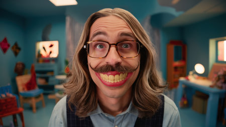 A man with a fake mustache and glasses in an office, AIの素材