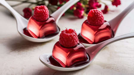 Three spoons with small pieces of food on them and raspberries, AIの素材