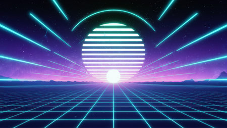 A futuristic looking image of a grid with neon lights, AIの素材