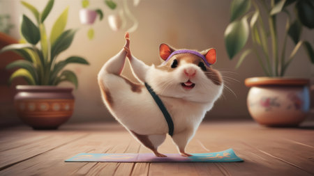 A hamster is doing a yoga pose on top of some plants, AIの素材