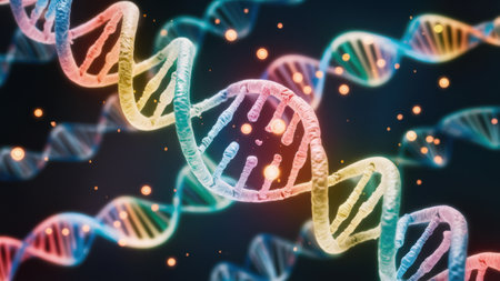 A close up of a dna strand with many colored lights, AIの素材