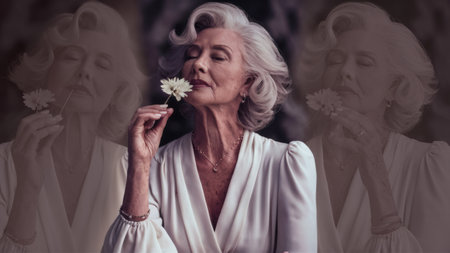An older woman with white hair holding a flower in her mouth, AIの素材