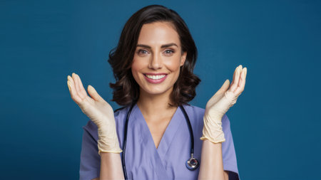 A woman in a scrub top and gloves holding her hands up, AIの素材