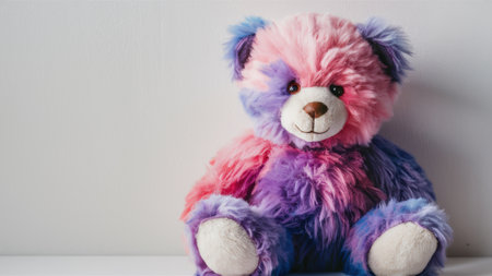 A teddy bear with multicolored fur sitting on a white wall, AIの素材