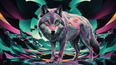 A wolf is standing in a colorful landscape with bright colors, AIの素材