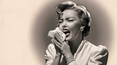 A woman with a white dress and pearls holding her nose, AIの素材