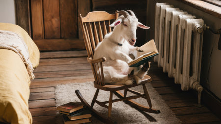 A goat sitting in a rocking chair reading books, AIの素材