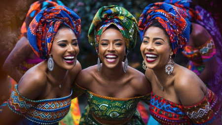 Three women in colorful headdresses smiling at the camera, AIの素材