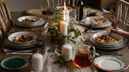 A table with a candle lit and plates of food on it, AIの素材