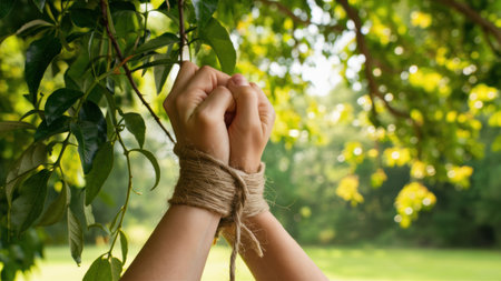 A person tied up with rope and a tree in the background, AIの素材