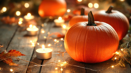 A table with pumpkins and candles on it, lit by a candle, AIの素材