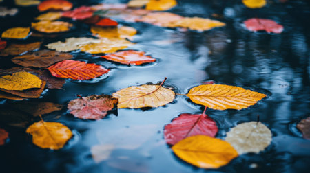 A bunch of leaves are floating in a puddle on the ground, AIの素材