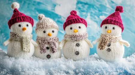 A group of three snowmen wearing knitted hats and scarves, AIの素材