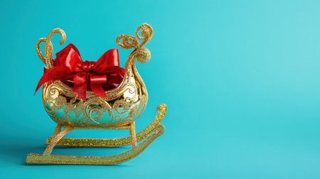 A golden sleigh with a red bow on it sitting in front of blue background, AIの素材