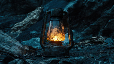 A lantern lit on a rocky hillside in the dark, AIの素材