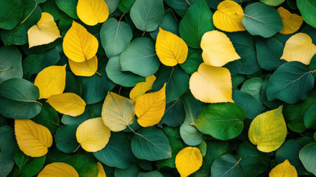 A close up of a bunch of leaves that are yellow and green, AIの素材