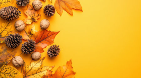 A bunch of leaves and nuts on a yellow background, AIの素材