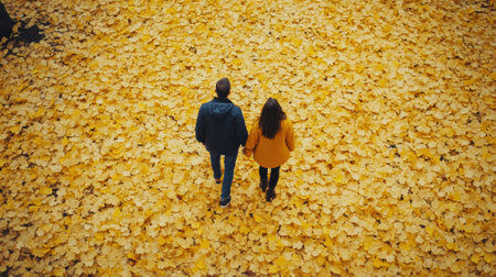 A couple walking through a field of yellow leaves, AIの素材
